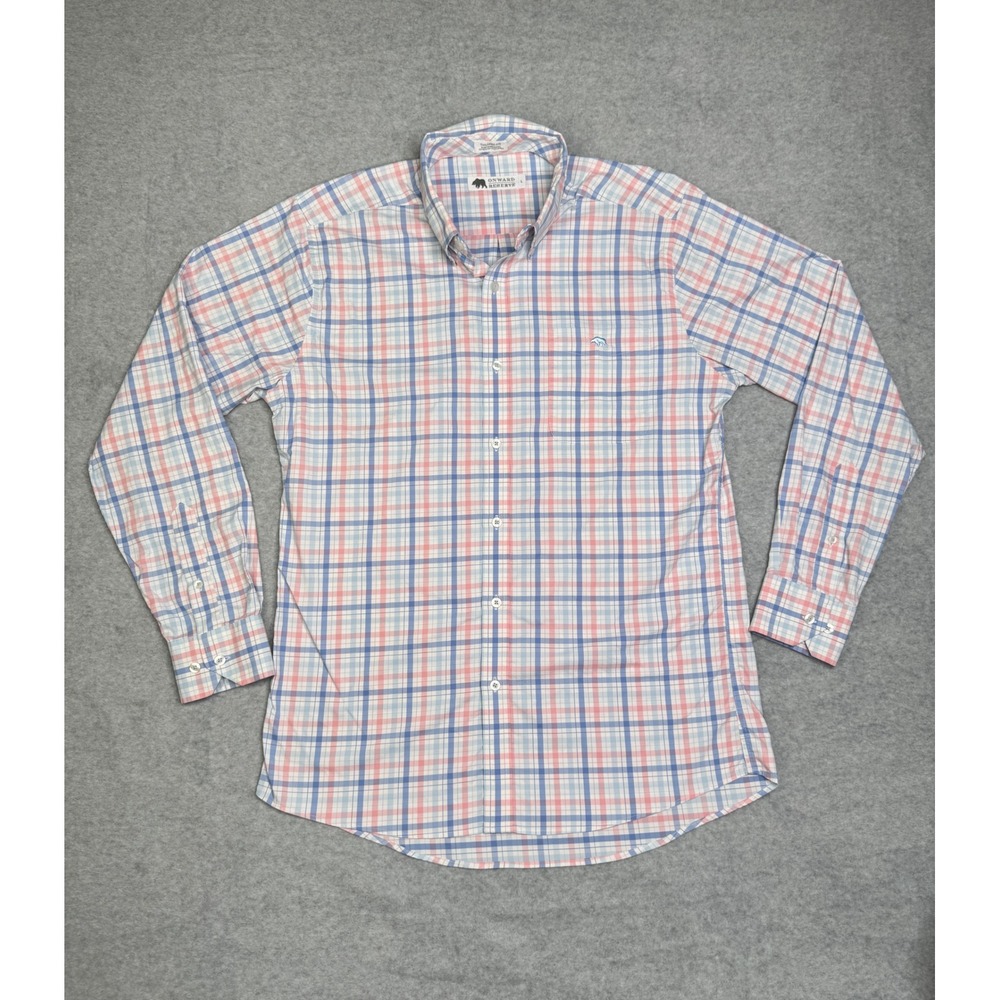 Onward Reserve Mens L Tailored Fit Plaid Button Down Shirt Pink Blue Performance